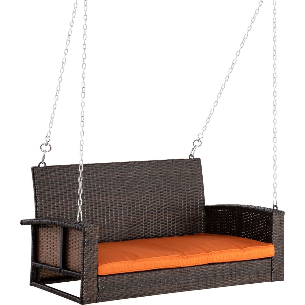 2 Person Wicker Hanging Swing Bench, Front Porch Swing Outdoor Chair with Cushions 550 lbs. Weight Capacity for Backyard, Garden, Orange