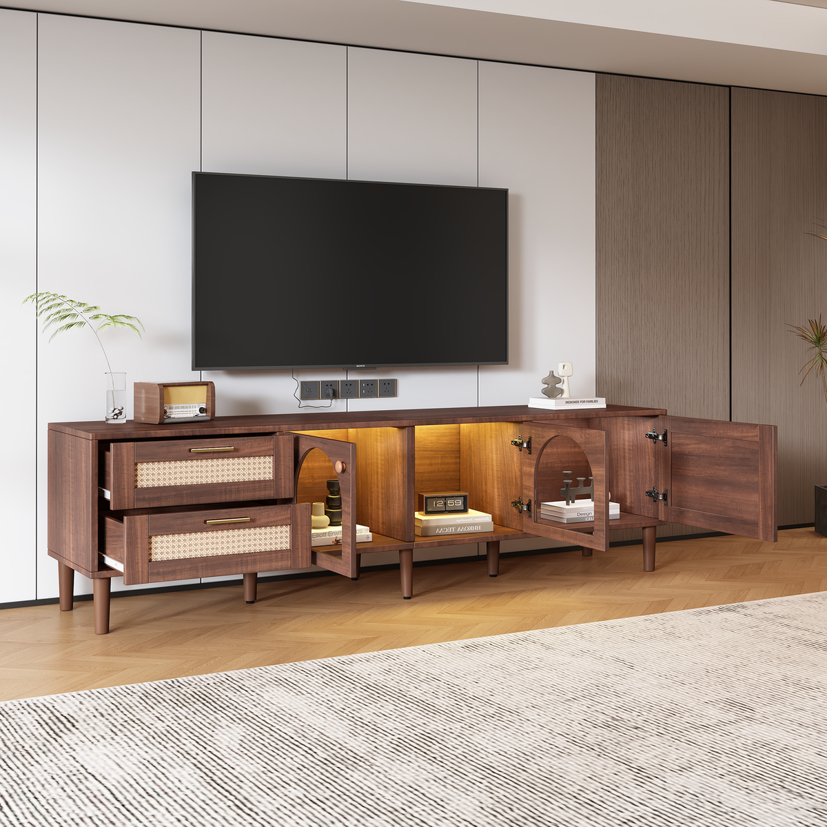 Rattan TV Stand with 3 Cabinets & 2 Drawers, Rattan-inspired Media Console Table for TVs up to 80", LED Light Entertainment Center, TV cabinet for Living room, Bedroom, Home Theatre - Streamdale Furniture