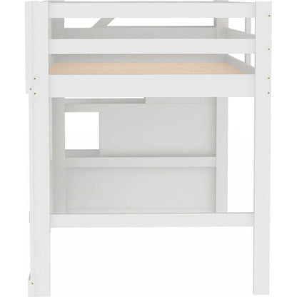 Twin Size Loft Bed with Storage Staircase and Window, White