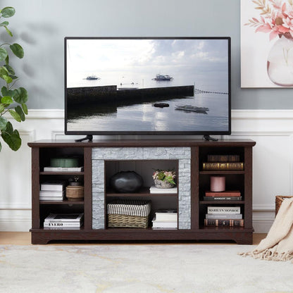 TV Media Stand with with Faux Stacked Stone Surround, Modern Entertainment Console with Open Storage Space, Cherry, 58.31"Wx15.39"Dx26.06"H