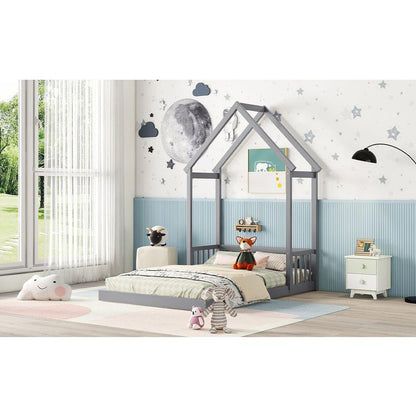 Full Roof-framed Headboard Floor Bed with Headboard Guardrails, without Slats, Grey