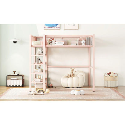 Full Size Metal Loft Bed with 4-Tier Shelves and Storage, Pink