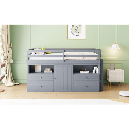 Twin Size Loft Bed with 4 Drawers, Underneath Cabinet and Shelves, Gray