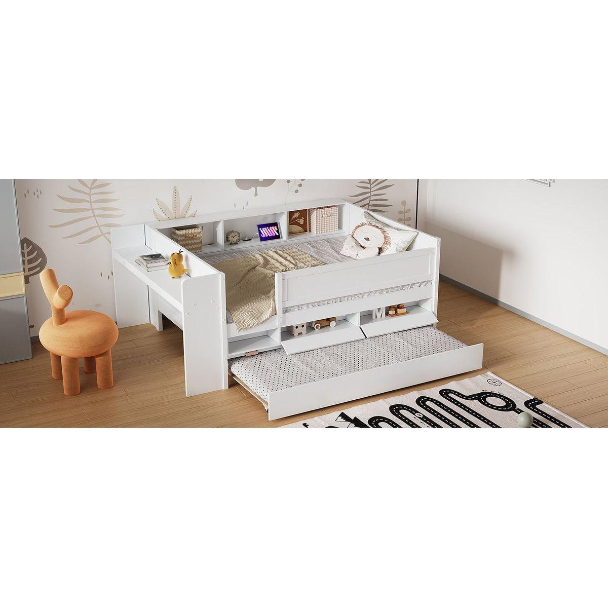 Multi-Functional Twin Daybed with Drawers and Trundle, Headboard Storage and Tables, USB Charging Station, White