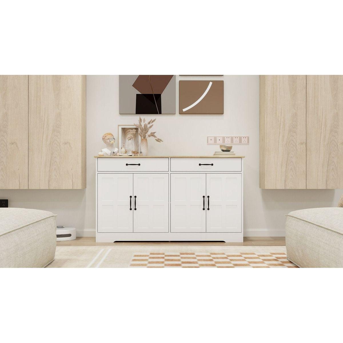 55.91" Large Farmhouse Buffet Cabinet Storage Sideboard with 2 Drawers and 4 Doors for Dining Living Room Kitchen Cupboard-White