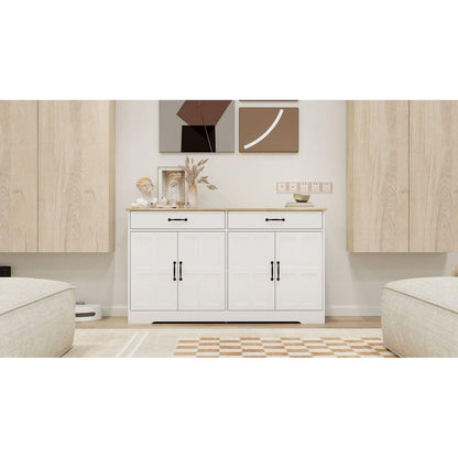 55.91" Large Farmhouse Buffet Cabinet Storage Sideboard with 2 Drawers and 4 Doors for Dining Living Room Kitchen Cupboard-White