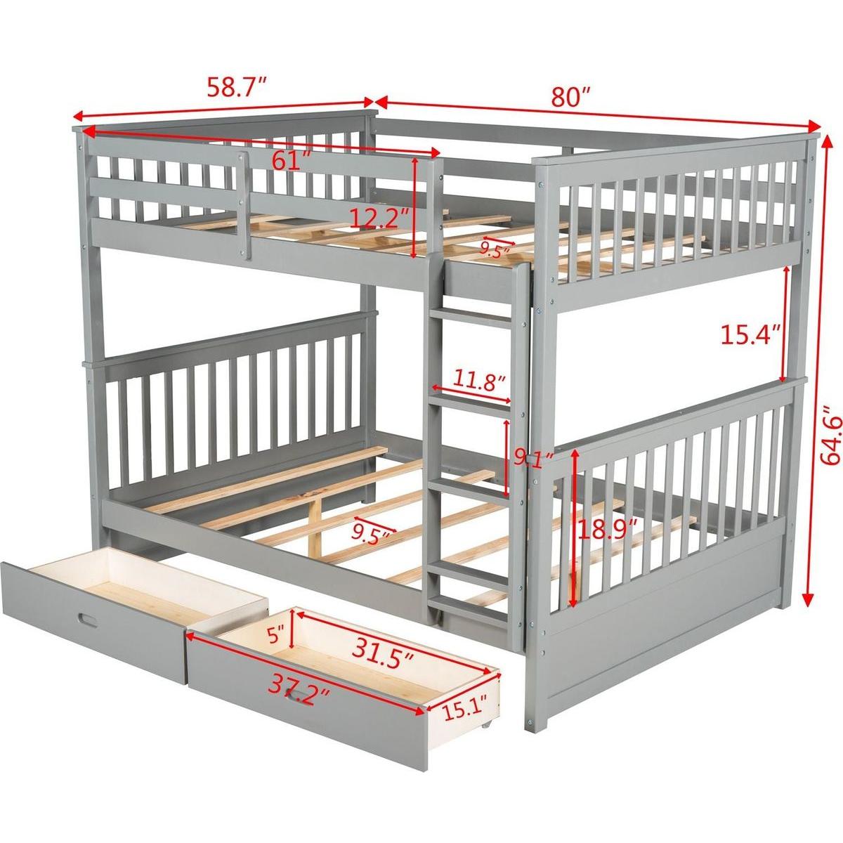 Full-Over-Full Bunk Bed with Ladders and Two Storage Drawers (Gray)