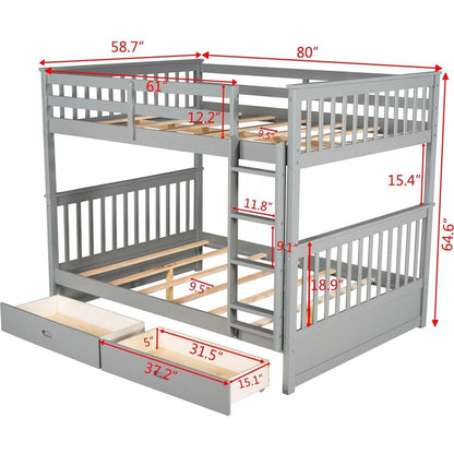 Full-Over-Full Bunk Bed with Ladders and Two Storage Drawers (Gray)