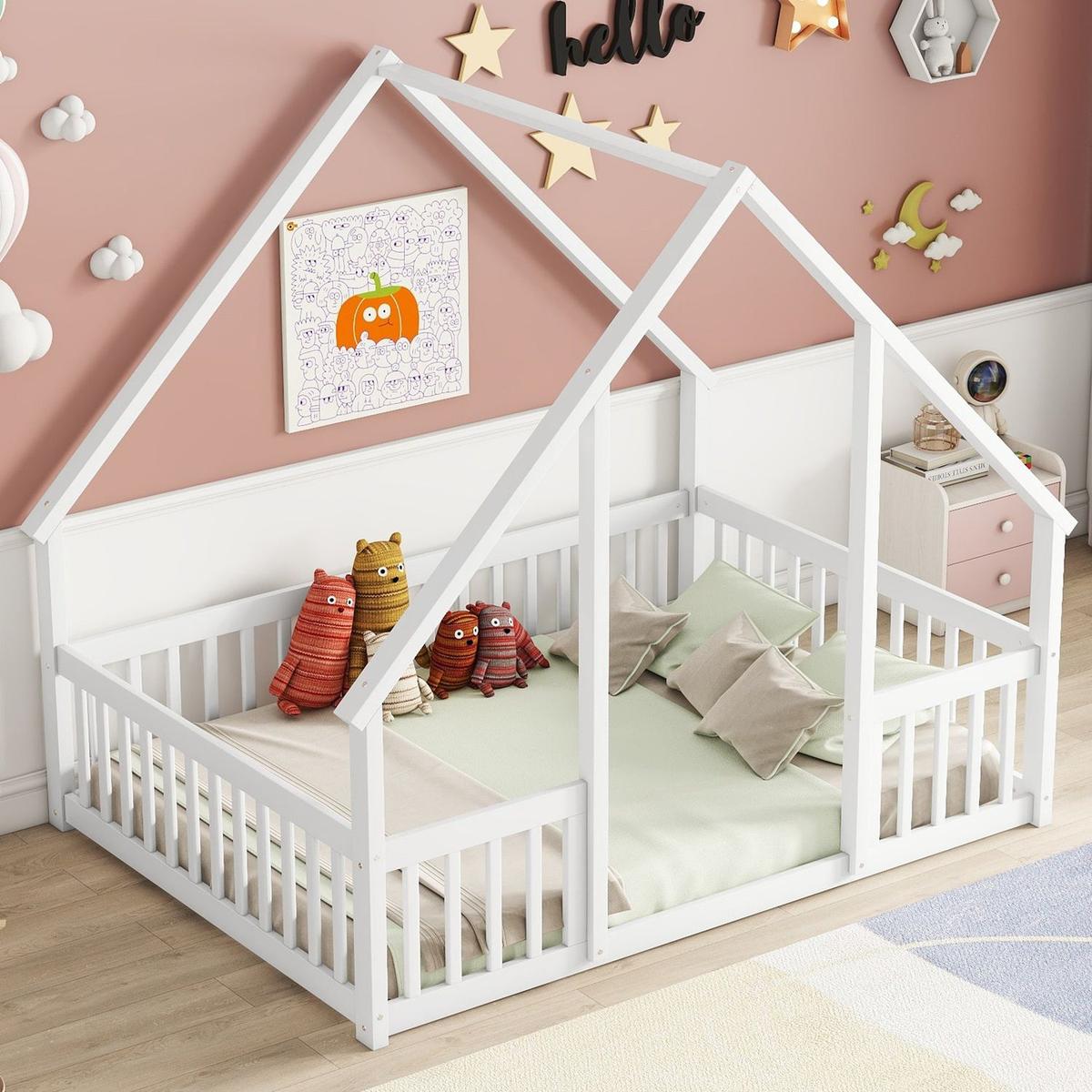 Full Wood House-Shaped Floor Bed with Fence, Guardrails,White