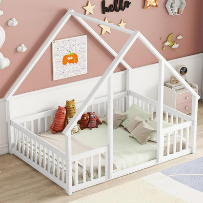 Full Wood House-Shaped Floor Bed with Fence, Guardrails,White