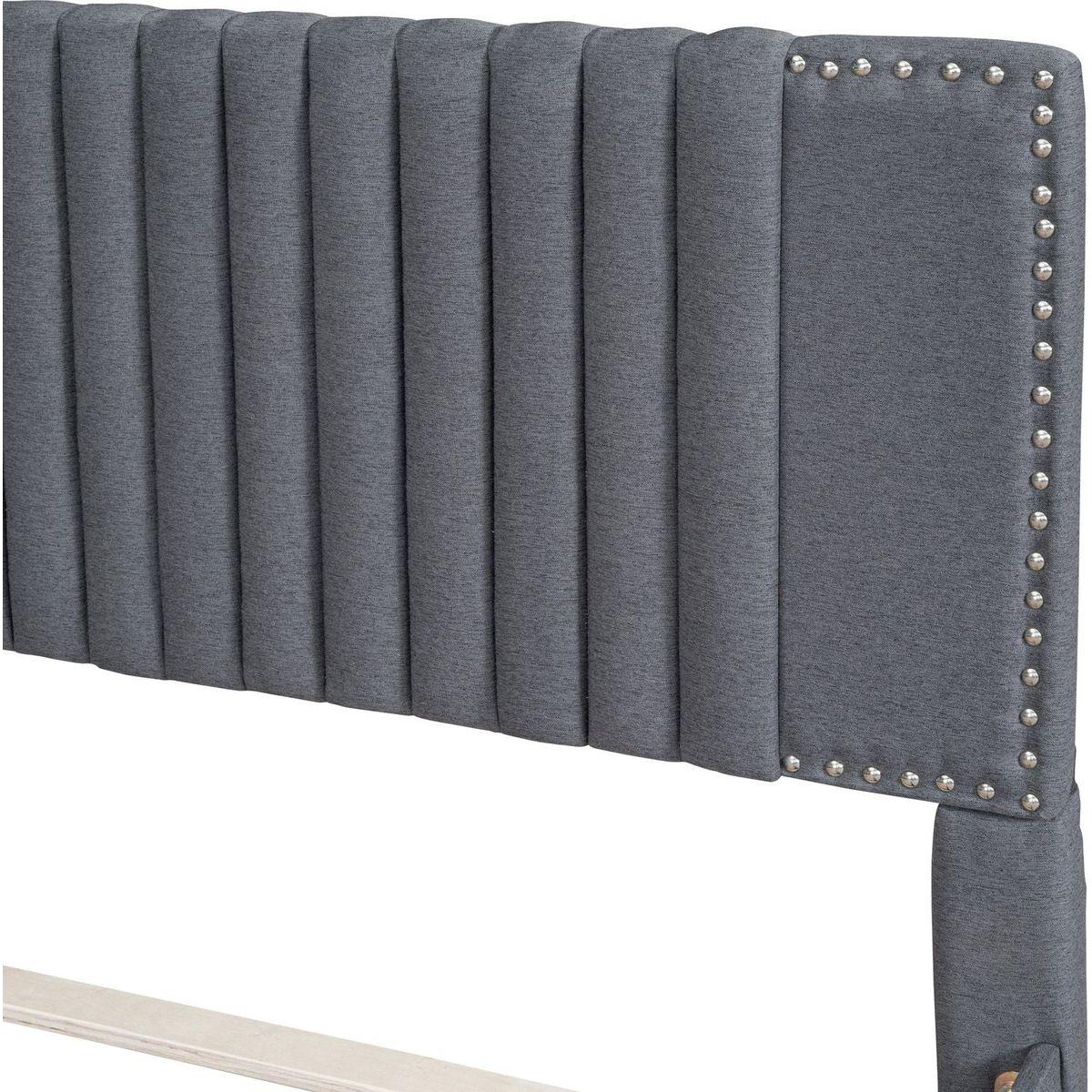 Full Size Upholstered Platform Bed with 2 Drawers and 1 Twin Size Trundle, Classic Headboard Design, Gray