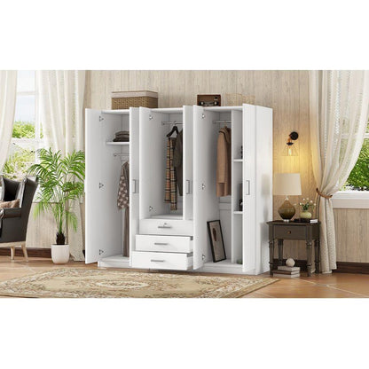 6-Doors Wooden Wardrobe Storage for Bedroom, with Big Drawers, White