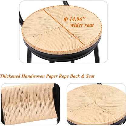 Honey Swivel Bar Stools Paper Rope Handwoven Barstools with Back Set of 2 Rustic Round Counter Chairs for Dining Room, Kitchen Island (Honey)