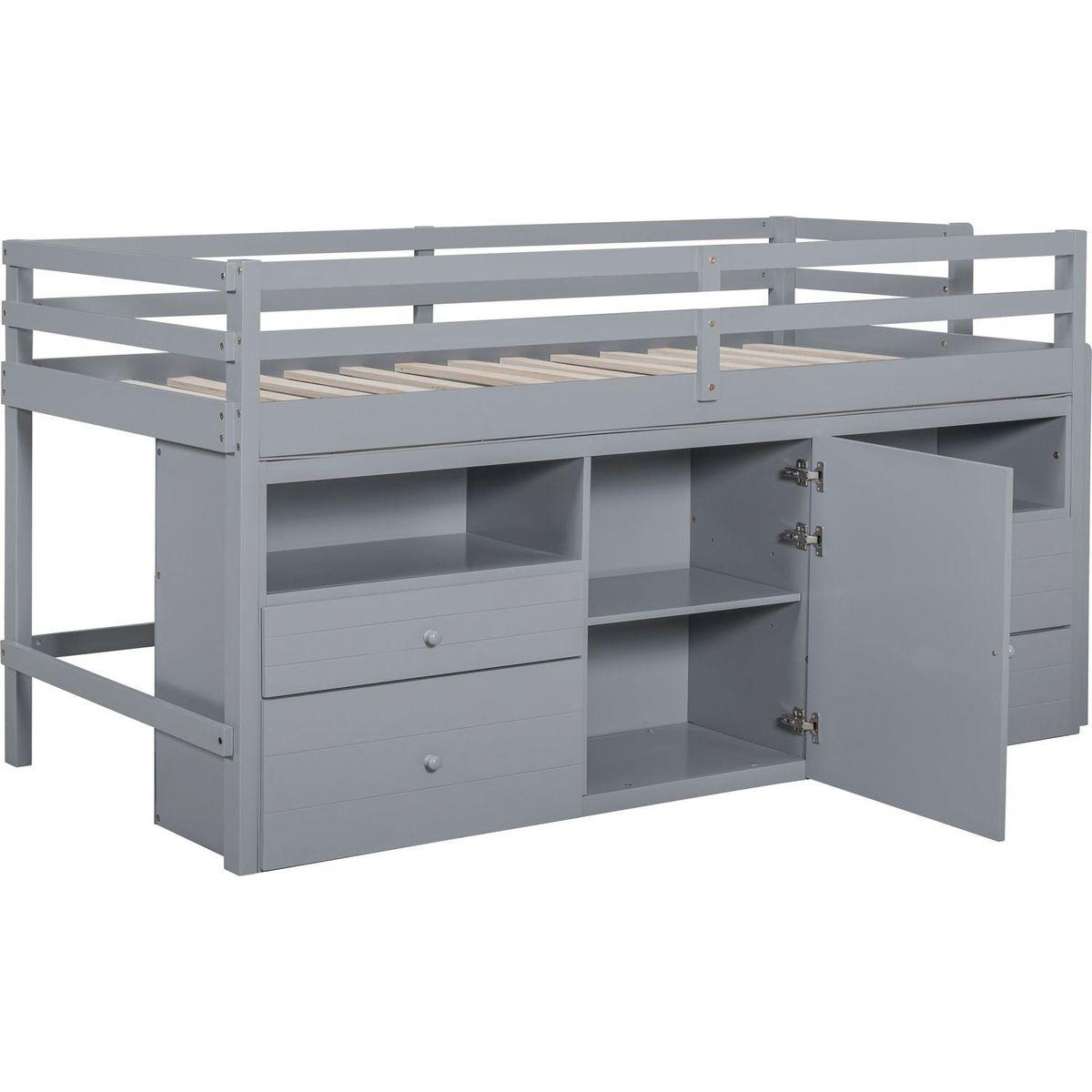 Twin Size Loft Bed with 4 Drawers, Underneath Cabinet and Shelves, Gray