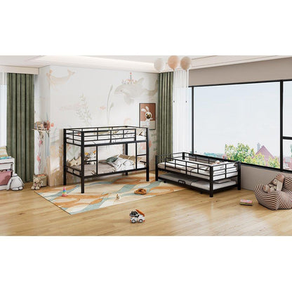 Metal Twin Size Triple Bunk Bed With Trundle, Black
