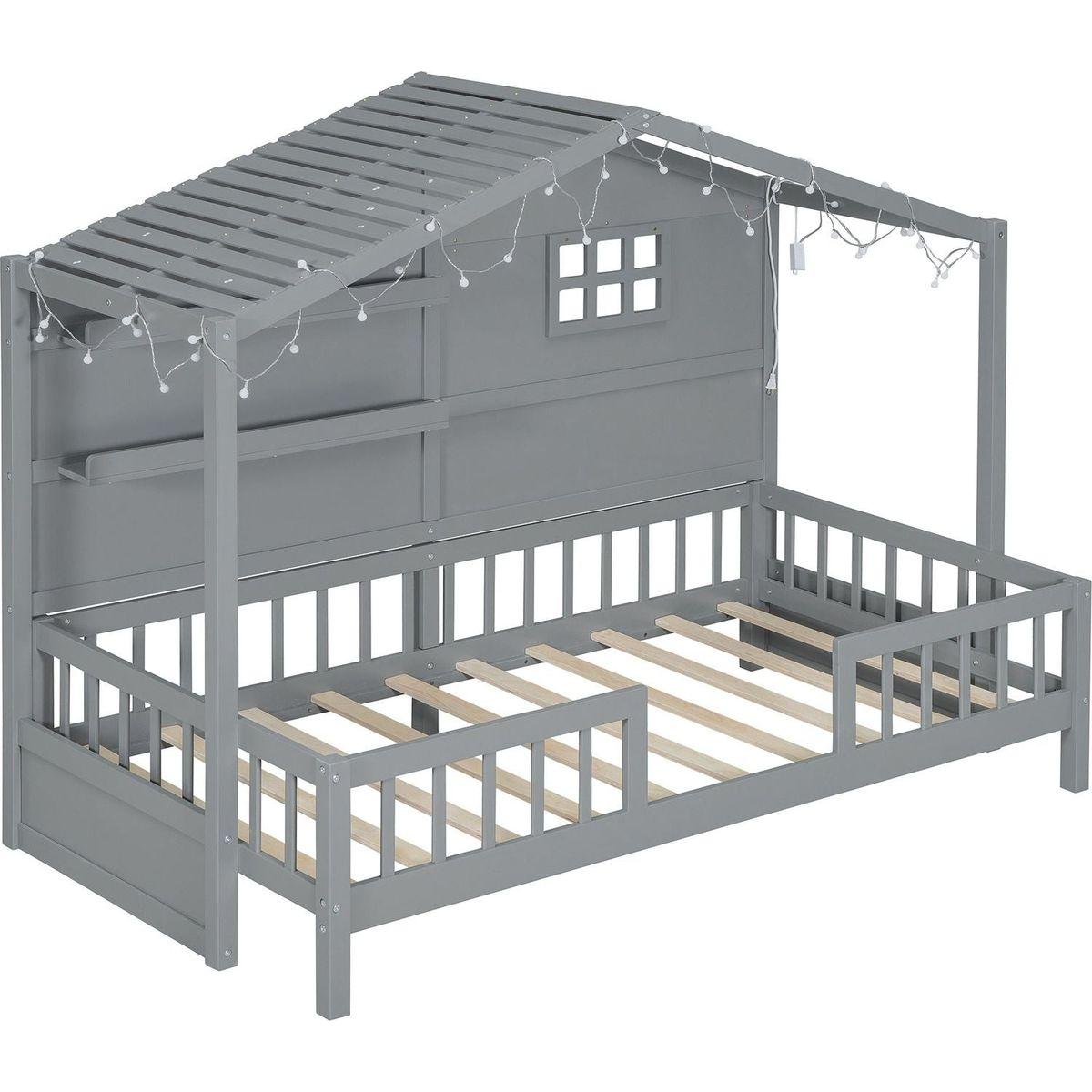 Twin Size House Bed with Shelves, House Bed with Window and Sparkling Light Strip on the Roof, Gray