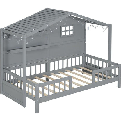 Twin Size House Bed with Shelves, House Bed with Window and Sparkling Light Strip on the Roof, Gray