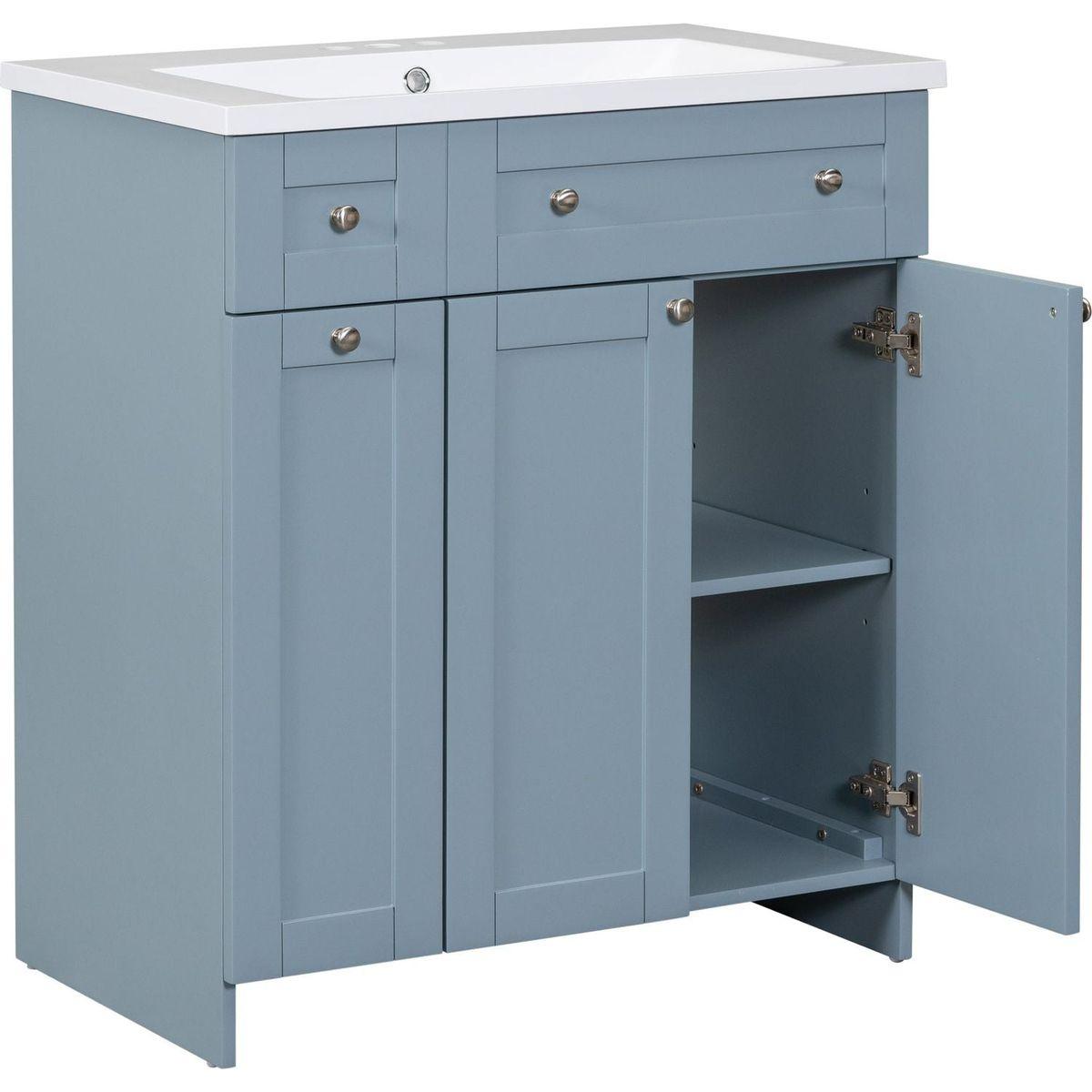 Modern 30-Inch Bathroom Vanity Cabinet with Easy-to-Clean Resin Integrated Sink in Blue