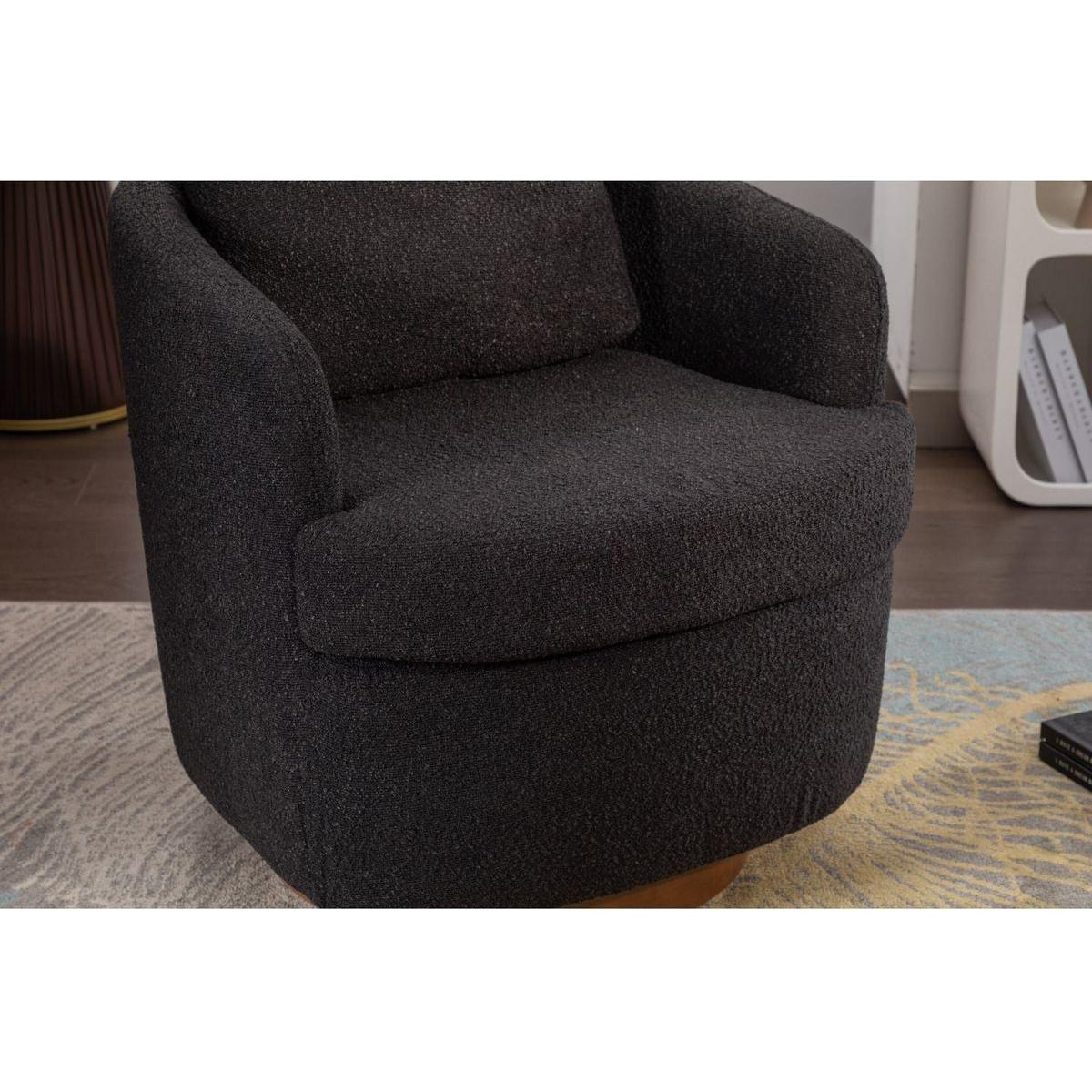 Boucle Fabric Swivel Accent Chair With Soild Wood Round Brown Base Leg,Black