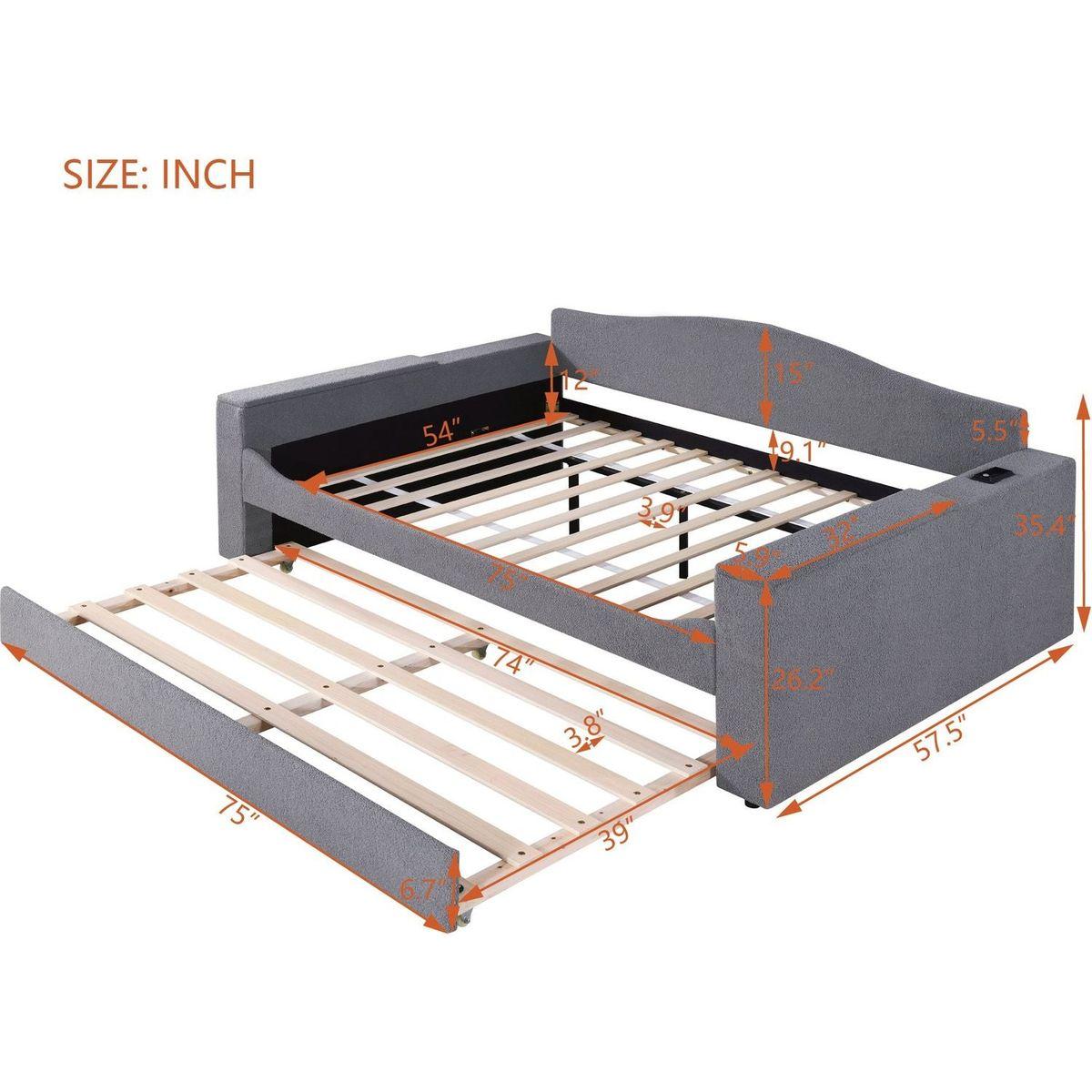 Full Size Upholstered Daybed with Storage Armrests, Trundle and Latest Integrated Bluetooth Audio System, Teddy Fleece, Gray