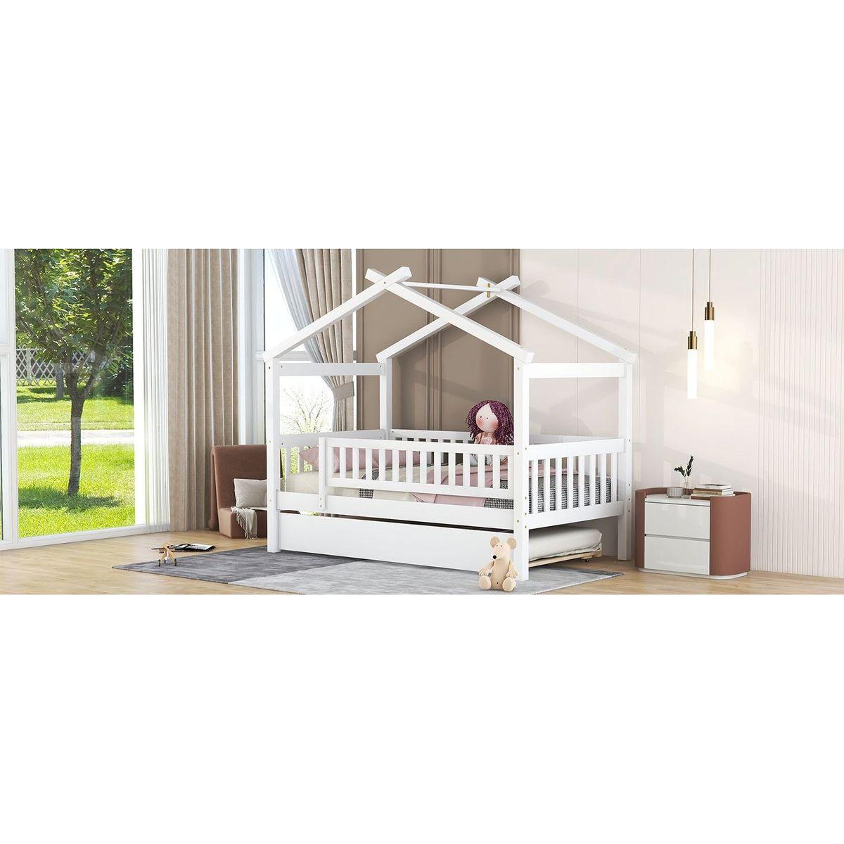 Twin Size Wooden House Bed with Twin Size Trundle, White