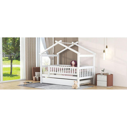 Twin Size Wooden House Bed with Twin Size Trundle, White