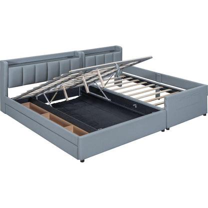 Queen Size & Twin XL Size Upholstered Platform Bed, Mother & Child Bed with Hydraulic Storage System, Drawer Box, Bedhead storage shelf and Two pairs of sockets & USB Ports, PU Leather, Gray
