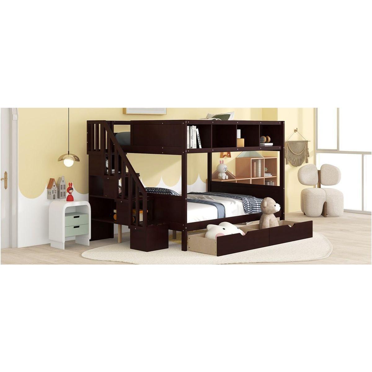 Twin over Full Bunk Bed with Shelfs, Storage Staircase and 2 Drawers, Espresso