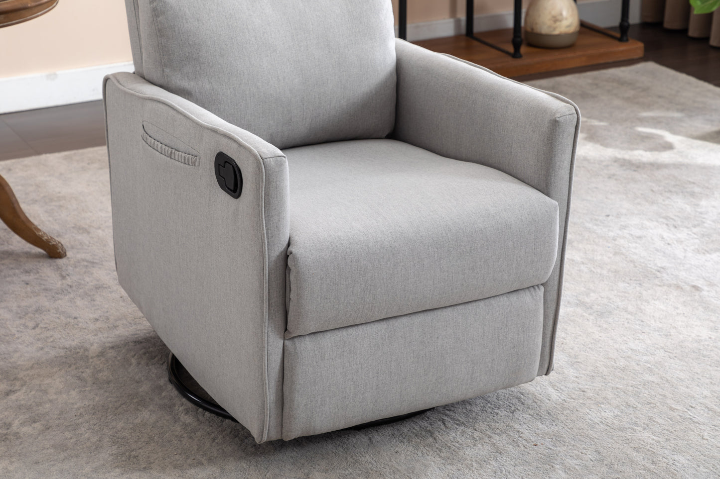 Cotton Linen Fabric Swivel Rocking Chair Glider Rocker Recliner Nursery Chair With Adjustable Back And Footrest For Living Room Indoor,Light Gray