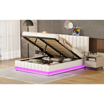Queen Size Upholstered Bed with Hydraulic Storage System and LED Light, Modern Platform Bed with Sockets and USB Ports, White