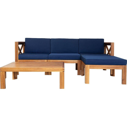 Outdoor Backyard Patio Wood 5-Piece Sectional Sofa Seating Group Set with Cushions, Natural Finish+ Blue Cushions