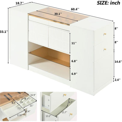 Modern Luxury Multi-Functional Island Vanity Dresser and Storage Cabinet with Glass Tabletop, Display Shelf,6 Drawers for Walk-in-Wardrobe and Bedroom