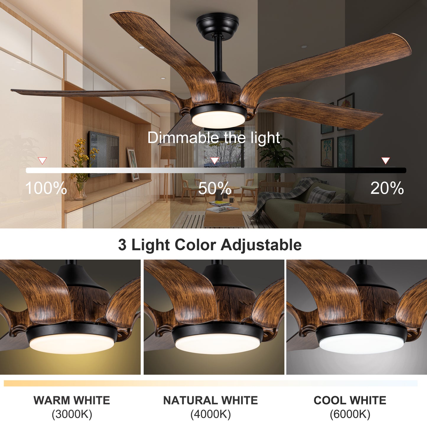 Smart 56" Integrated LED Ceiling Fan with Antique Brown Blades in Matte Black Fan Body Finish