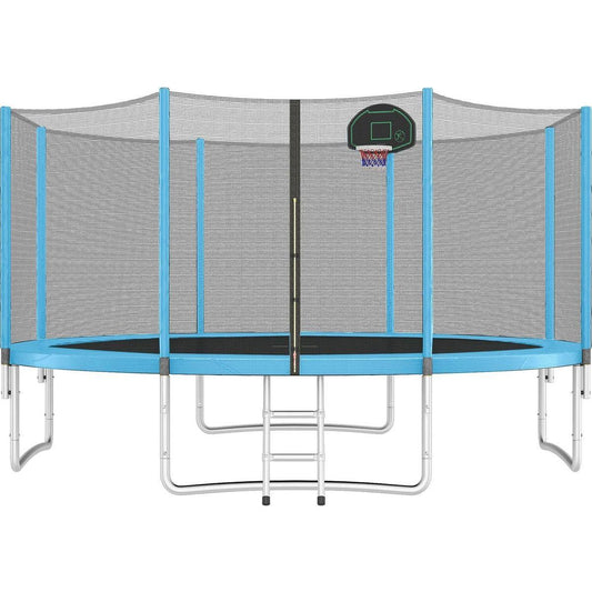 14FT Trampoline for Kids with Safety Enclosure Net, Basketball Hoop and Ladder, Easy Assembly Round Outdoor Recreational Trampoline