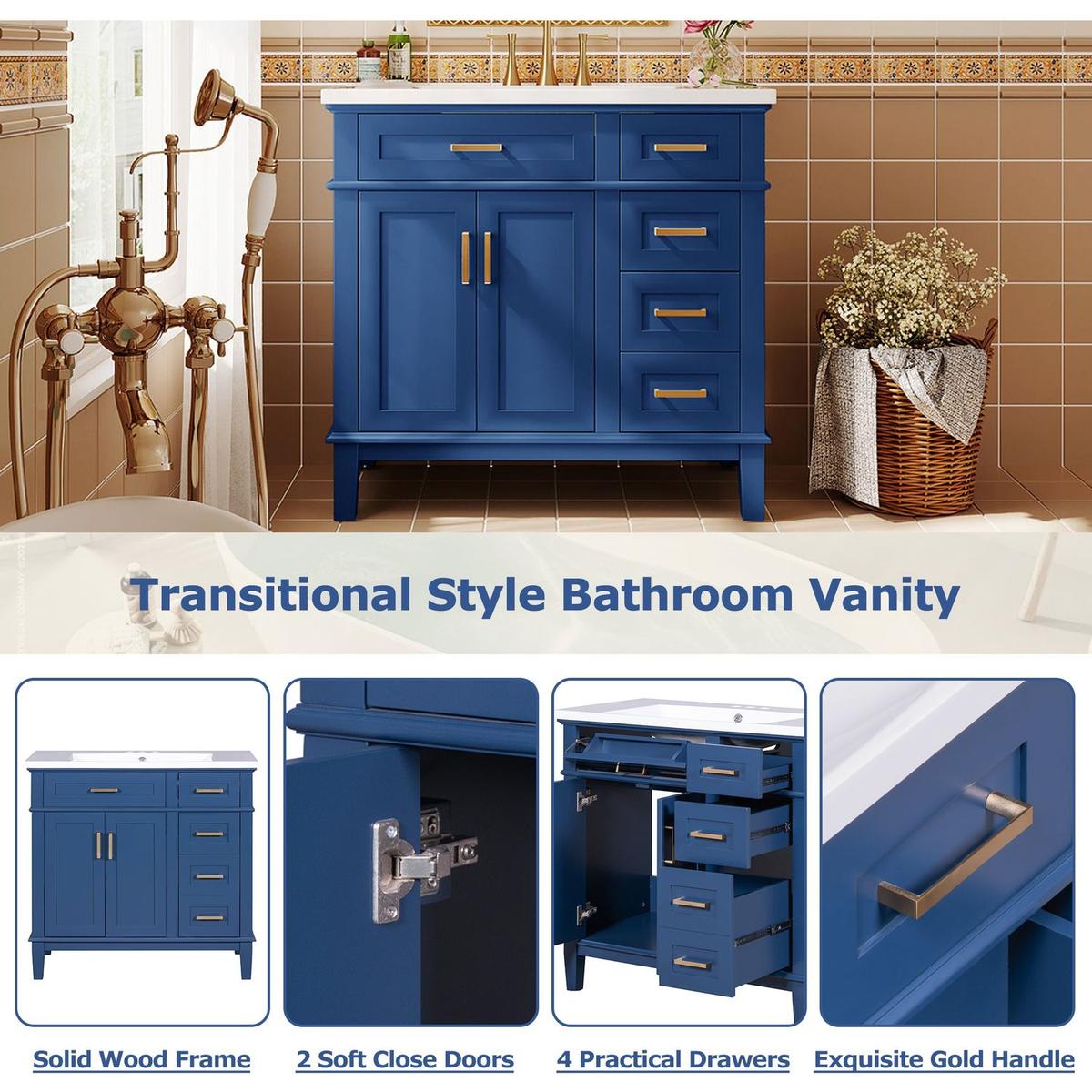 36-inch Bathroom Vanity with Resin Sink, Modern Bathroom Cabinet in Blue, Featuring Two Soft Close Doors and Four Drawers