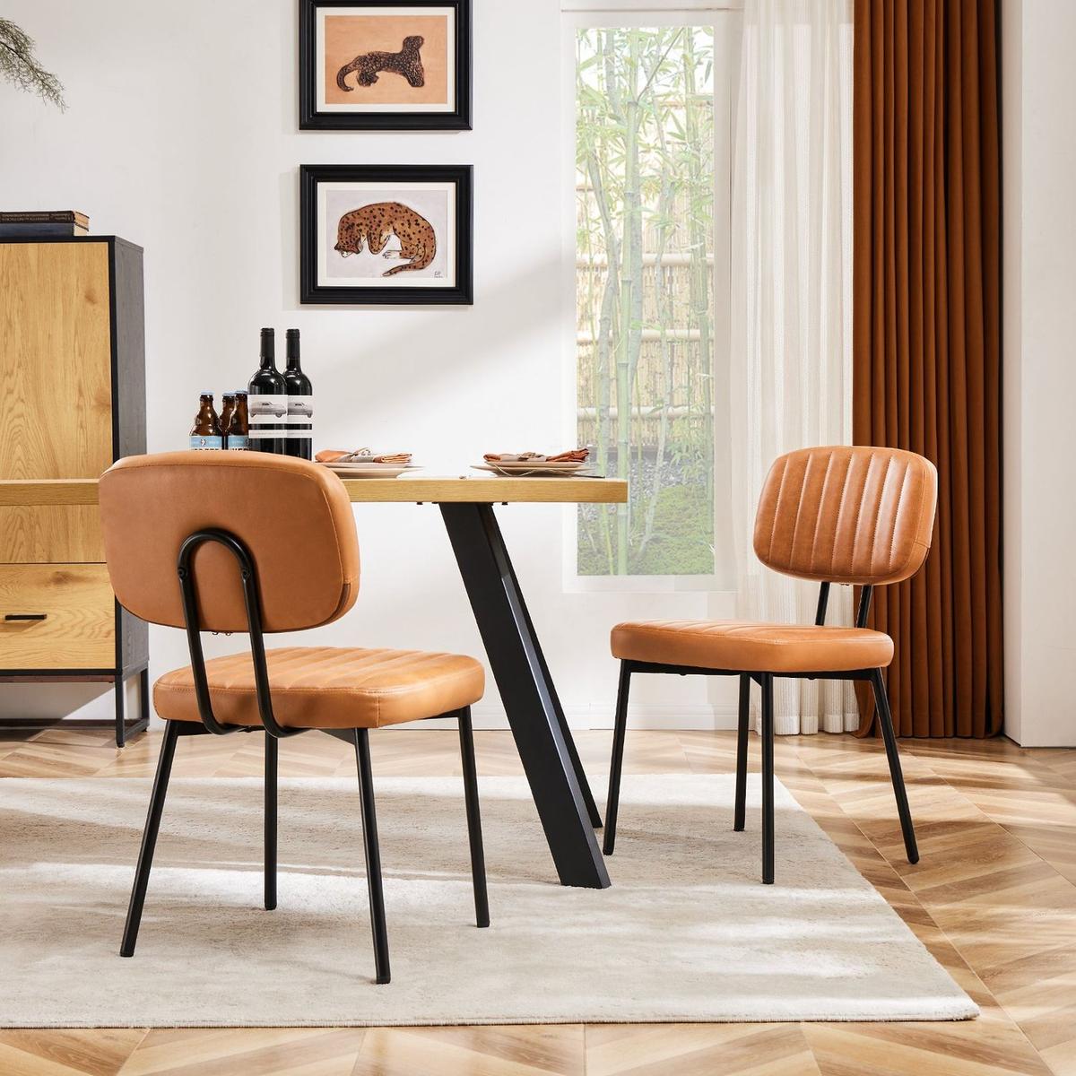 Dining Chairs, Upholstered Mid Century Modern Kitchen Dining Room Accent Chairs with Faux Leather Cushion Seat & Metal Legs for Kitchen, Living Room - brown Set of 2