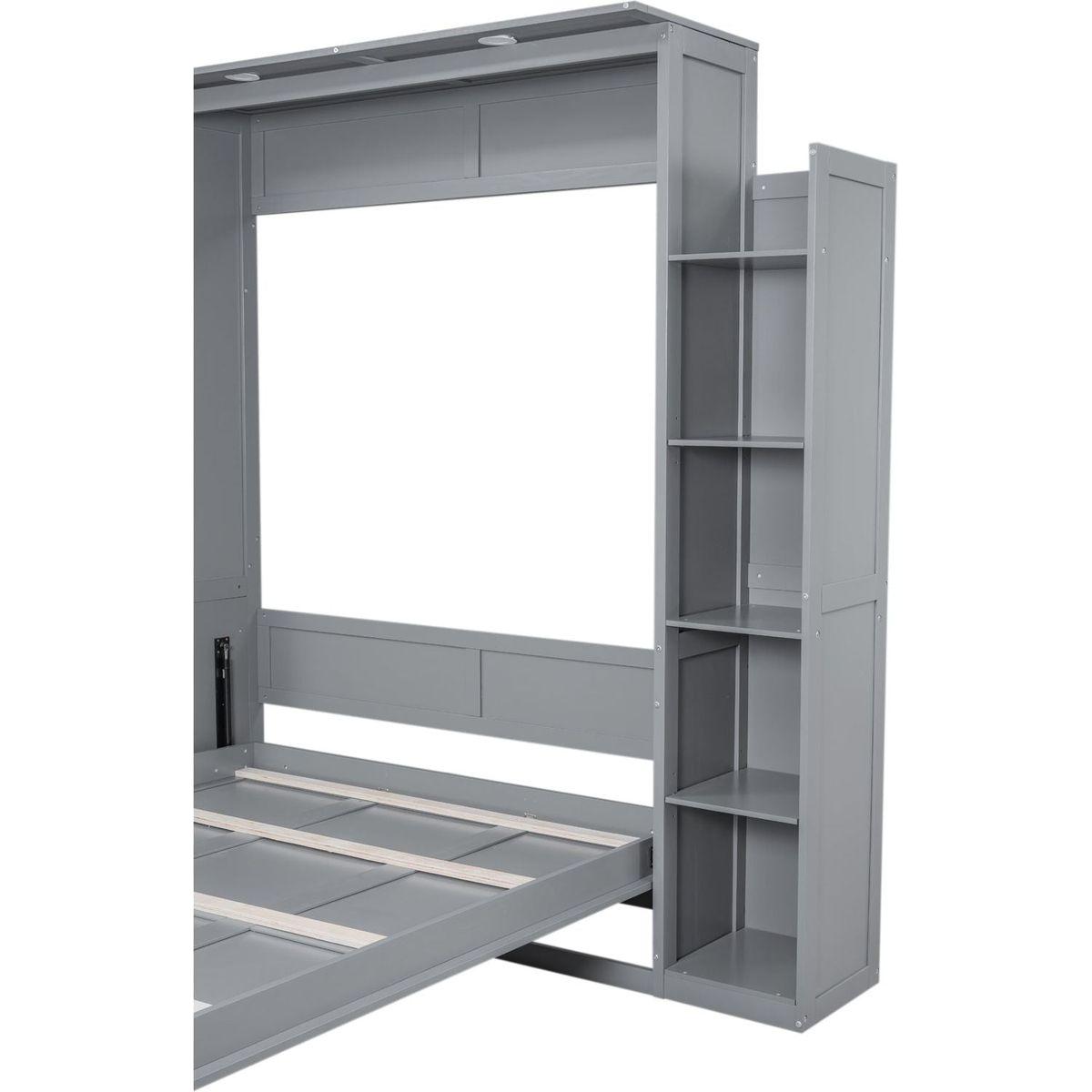 Queen Size Murphy Bed Wall Bed with Shelves and LED Lights,Gray