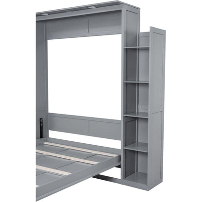 Queen Size Murphy Bed Wall Bed with Shelves and LED Lights,Gray