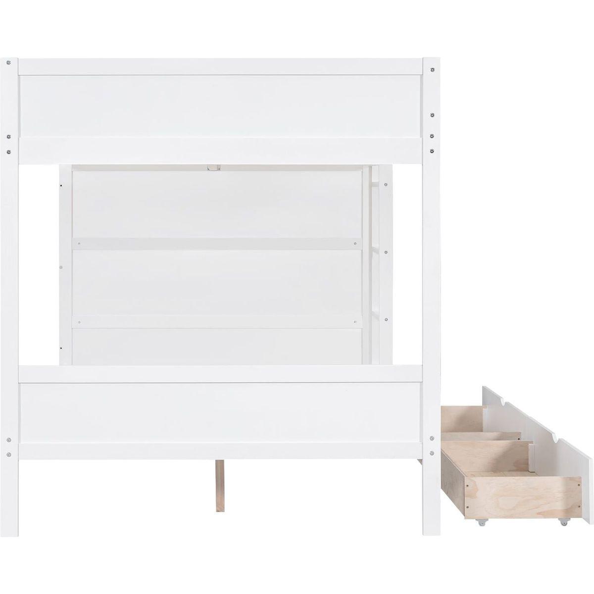 Full over Full Bunk Bed With 2 Drawers and Multi-layer Cabinet, White