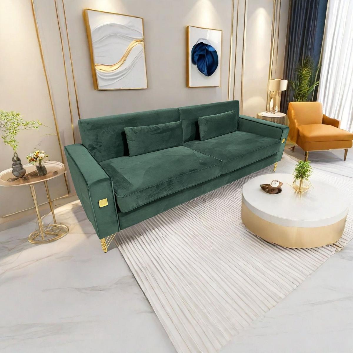 FX-P18-RG2(SOFA) Luxury Emerald Green Velvet Sofa with Gold Accents - Modern 3-Seat Couch with Plush Cushions, Perfect for Living Room and Office Decor