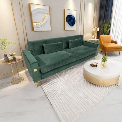 FX-P18-RG2(SOFA) Luxury Emerald Green Velvet Sofa with Gold Accents - Modern 3-Seat Couch with Plush Cushions, Perfect for Living Room and Office Decor