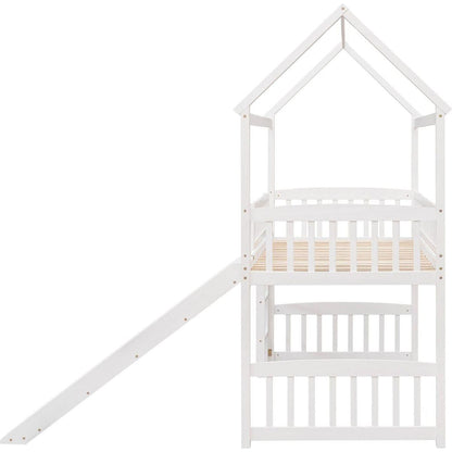 Twin Loft Bed with Slide, House Bed with Slide,White