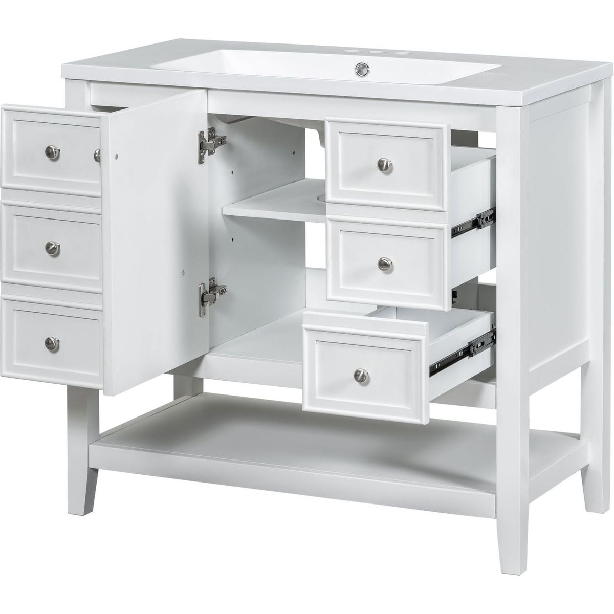 36" Bathroom Vanity with Sink Combo, One Cabinet and Three Drawers, Solid Wood and MDF Board, White