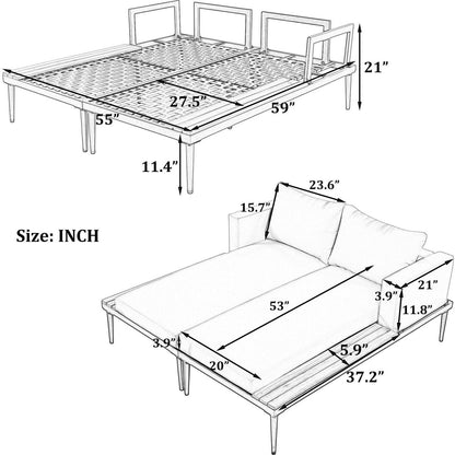 Modern Outdoor Daybed Patio Metal Daybed with Wood Topped Side Spaces for Drinks, 2 in 1 Padded Chaise Lounges for Poolside, Balcony, Deck, Gray