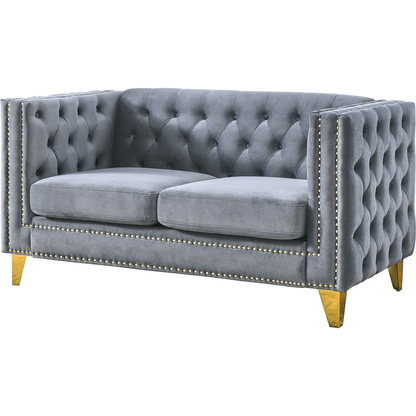 Velvet Sofa for Living Room,Buttons Tufted Square Arm Couch, Modern Couch Upholstered Button and Metal Legs, Sofa Couch for Bedroom, Grey Velvet-2S