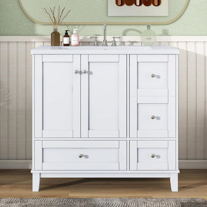 36 Inch Modern Bathroom Vanity with USB Charging, Two Doors and Three Drawers Bathroom Storage Vanity Cabinet, Small Bathroom Vanity cabinet with single sink, White & Gray Blue - Faucets Not Included