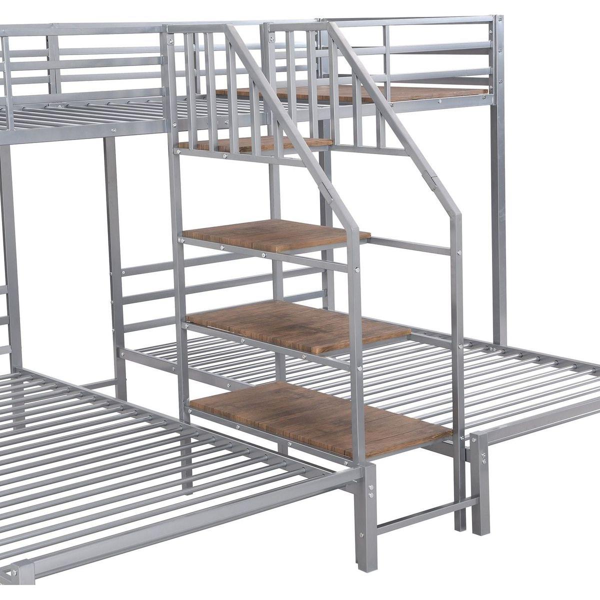 Metal Twin over Twin & Twin Bunk Bed, Triple Bunk Bed with Storage Shelves Staircase, Silver