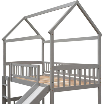 Twin Loft Bed with Slide, House Bed with Slide,White