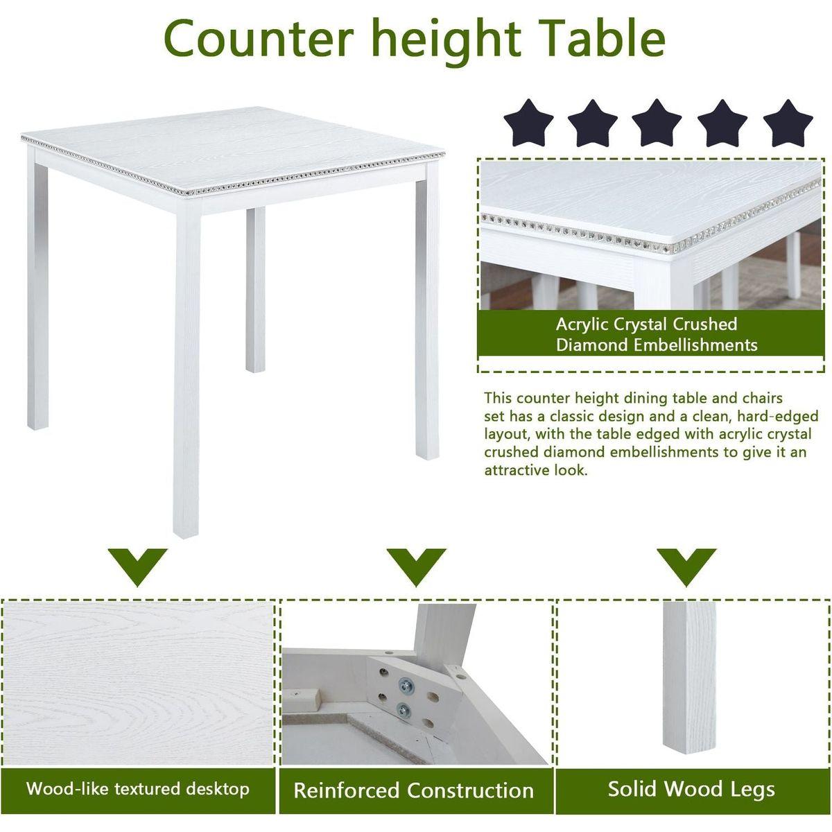 5 Piece Counter Height Table Set, Wooden Kitchen Table Set with Square Table and 4 Upholstered Chairs, Counter Height Dining Table with Crystal Decoration and Chair Set for Kitchen, Dining Room,White