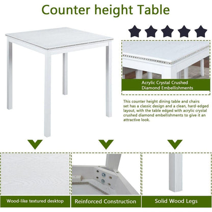 5 Piece Counter Height Table Set, Wooden Kitchen Table Set with Square Table and 4 Upholstered Chairs, Counter Height Dining Table with Crystal Decoration and Chair Set for Kitchen, Dining Room,White